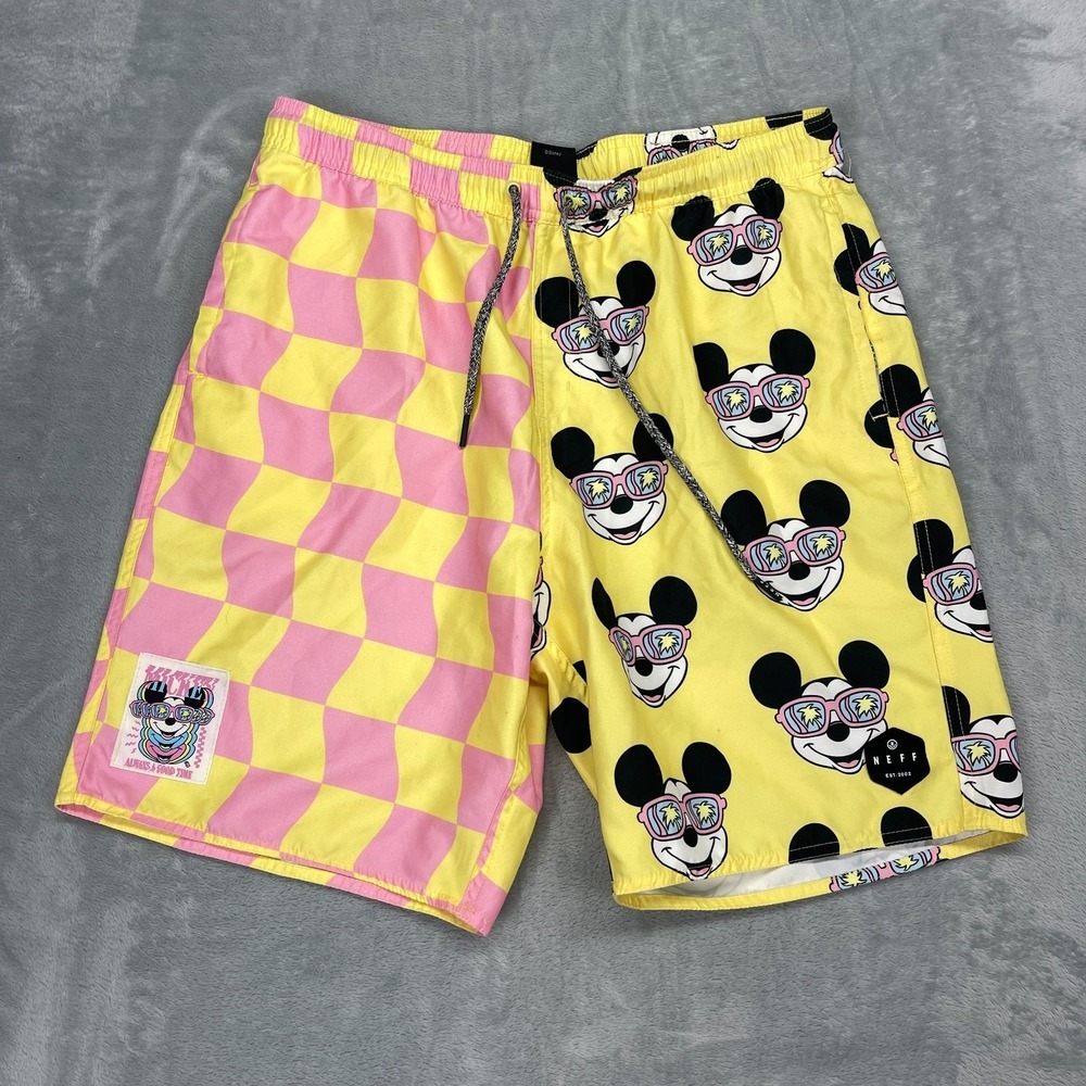 Neff x Disney Shorts Mens L Pink Yellow Mickey Mouse Board Surfing Elastic Waist